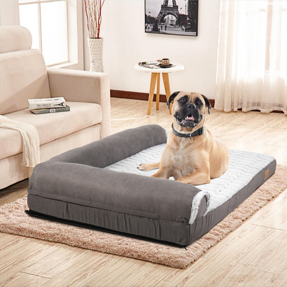 L-shape Pet Calming Bed Chaise Sofa Kennel Mat with Removable Plush Cover_3